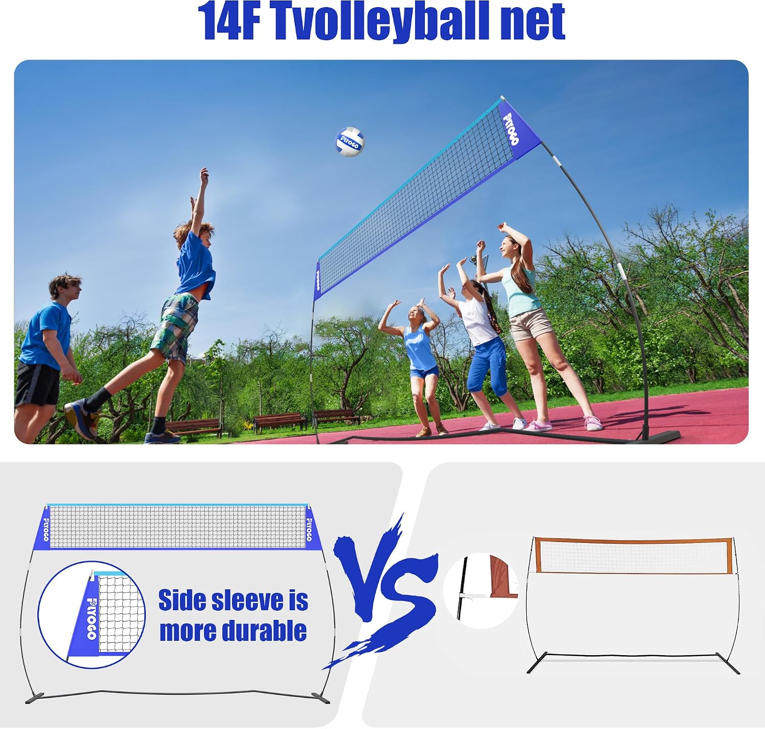 Volleyball Net, 14FT Portable Volleyball Net for Backyard, Adjustable Height and Instant Setup, Professional Freestanding Training Practice Set for Indoor and Outdoor with Carry Bag